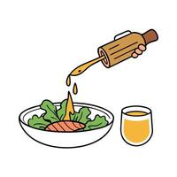 Hand drizzling honey mustard dressing onto a spinach and bacon salad vector