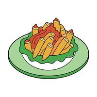 Loaded French fries with crispy bacon cheese sauce and spring onion vector