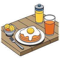 Breakfast with fried eggs. pancakes and orange juice on wooden table vector