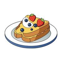 French toast topped with banana mixed berries maple syrup and milk vector
