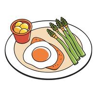 Delicious breakfast a plate with fried asparagus bacon and fried eggs vector