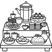 A wide assortment of breakfast foods presented on a buffet table. vector