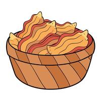 Crispy potato chips with smoked bacon on rustic wooden background vector