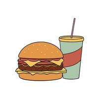 Delicious beef burger with crispy bacon. served with a drink. vector
