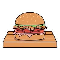 A burger with onions and bacon on it is sitting on a wooden table vector