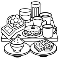 A table displaying a wide array of different types of breakfast foods vector