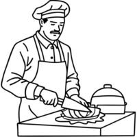 A butcher with a knife in hand is cutting meat on a table. AIGZ01 vector