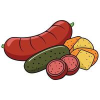 Assorted meat snacks. sausages and pickles. close-up. horizontal vector