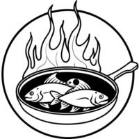Blackened catfish fillets crackle in bacon fat over an open fire vector