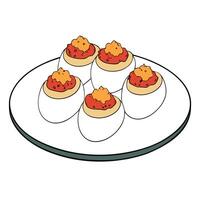 Platter of deviled eggs topped with crumbled bacon and paprika. vector