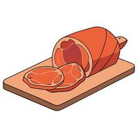 Fresh liced prosciutto on wooden board. Prosciuto meat on table vector