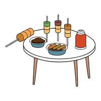 Guest table with small grilled meat skewers and various sauces vector