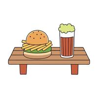A burger and fries are on a wooden table next to a glass of beer vector