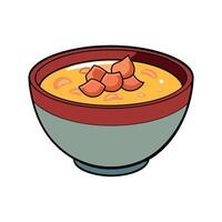 A bowl of soup with bacon and corn on top sits on a table vector