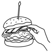 Hand fastening a tall bacon cheeseburger with a toothpick vector