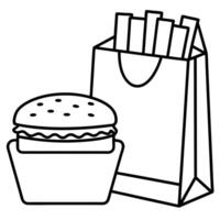 A burger and fries are served in a red and white paper bag vector