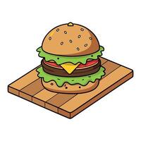 Gourmet burger overflowing with toppings on cutting board vector
