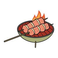 Grilled skewered scallops wrapped in bacon on a barbeque vector