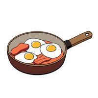 A pan filled with eggs and bacon on top of a wooden table vector