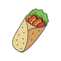 A breakfast burrito with bacon. eggs. tomatoes. and lettuce vector