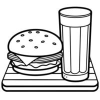 Glass of fresh beer with beef burger on the wooden table vector