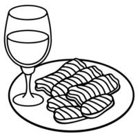 Grilled bacon wrapped little sausages served with red wine vector