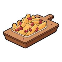 Cheese fries with bacon bits and chives on wooden surface vector