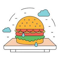 A burger with cheese and tomatoes sits on a table in the rain vector