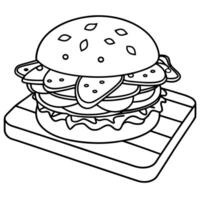 A large hamburger with bacon and tomatoes on a wooden board vector