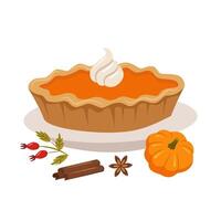 Pumpkin pie with whipped cream and spices isolated. Illustration in a flat style on a white background. vector