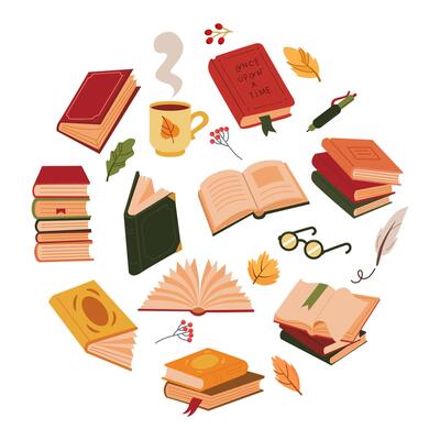 Set of books and autumn elements, education symbols. Circle season illustration for book store, learning, library, reading club, banner concept design.