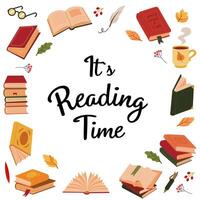 Set of books and autumn elements, education symbols. Season frame for book store, learning, library, reading club, banner concept design. Inscription - Is reading time. vector