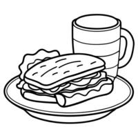 Bacon sandwich with ketchup red sauce in a bread english bun with coffee cup vector
