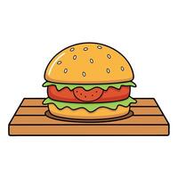 A burger with cheese and tomatoes on top of a wooden table vector