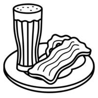 A plate of crispy bacon sits next to a glass of foamy beer on a wooden table vector