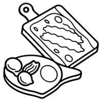 A wooden cutting board topped with bacon. eggs and cheese vector