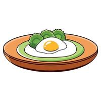 A close-up shot of a dish featuring an egg atop broccoli on a wooden table vector