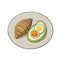 Croissant and avocado egg toast on a plate seen from above vector