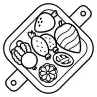 A wooden board with a variety of meats and vegetables on it vector