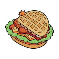 A waffle sandwich filled with crispy bacon. tender chicken. and a fresh salad. vector