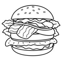BBQ burger with bacon slices. beef patty. lettuce. pickles. bun without sesame vector