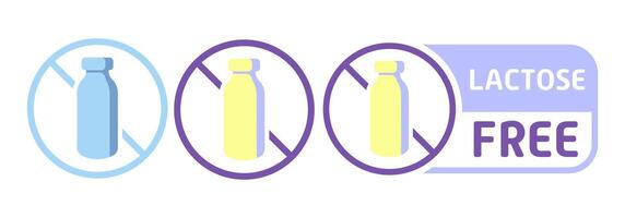 Lactose free label. Diet, drop, fermented milk product, lactase enzyme, intolerance, indigestion, digestive problem disorder, congenital, acquired, intestines, stomach, alternative, crossed out bottle vector
