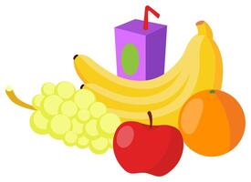 Fruits. Banana, apple, grape, orange, juice with straw. Healthy food, diet, proper nutrition, fat, protein, carbohydrates, lifestyle, healthcare, fitness, weight loss or gain, snack, vitamins. vector