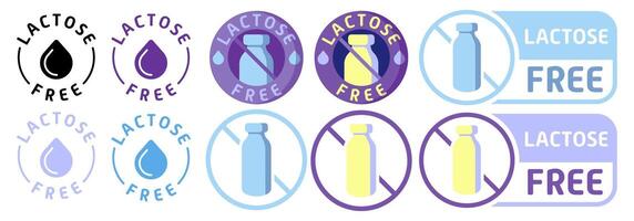 Lactose free label. Diet, drop, fermented milk product, lactase enzyme, intolerance, indigestion, digestive problem disorder, congenital, acquired, intestines, stomach, alternative, crossed out bottle vector