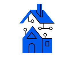 Hand drawn cute cartoon illustration of smart house. Flat smart home technology with PCB trace and separate roof sticker in doodle style. Remote automatic control computer icon. Isolated. vector