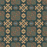 Design with intricate geometric shapes, resembling traditional embroidery or tapestry work. The use of earthy tones like green, beige, and brown gives it a warm, vintage or textile patterns. vector