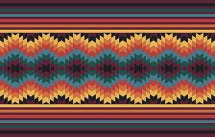 Geometric pattern featuring symmetrical zigzag and diamond shapes in warm earth tones of red, orange, yellow, green, and black, typical of ethnic and tribal textiles. vector