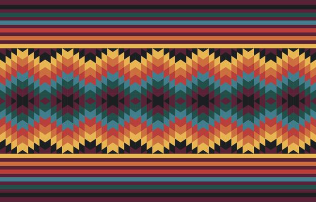 Geometric pattern featuring symmetrical zigzag and diamond shapes in warm earth tones of red, orange, yellow, green, and black, typical of ethnic and tribal textiles.