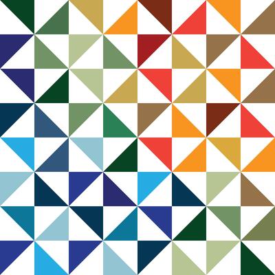 Pattern geometric design composed of small triangles in a grid. The use of various shades of blue, green, orange, and red and dynamic look, reminiscent of traditional quilting patterns and motifs.
