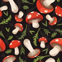 seamless pattern with bright fly agaric mushrooms and forest green branches on black background vector